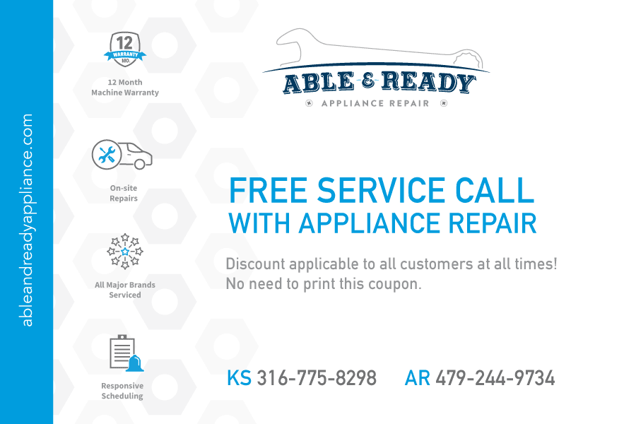 Free service call with appliance repair performed by Able and Ready Appliance Repair