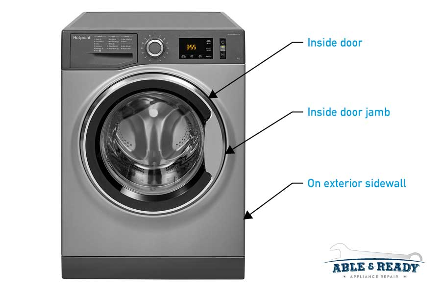 Front load washer data plate locations